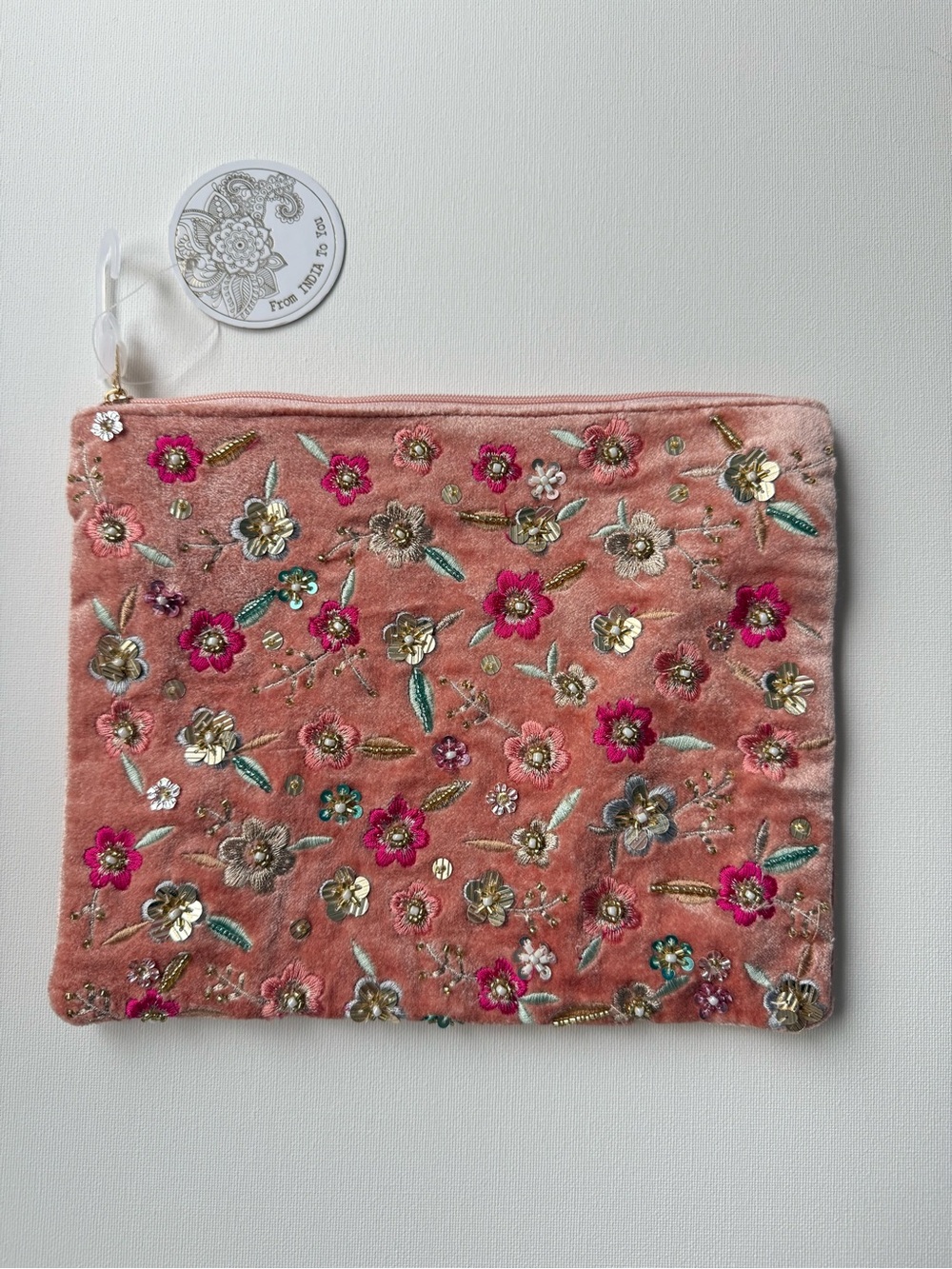 Embroidered Floral Velvet Pouch - Pink